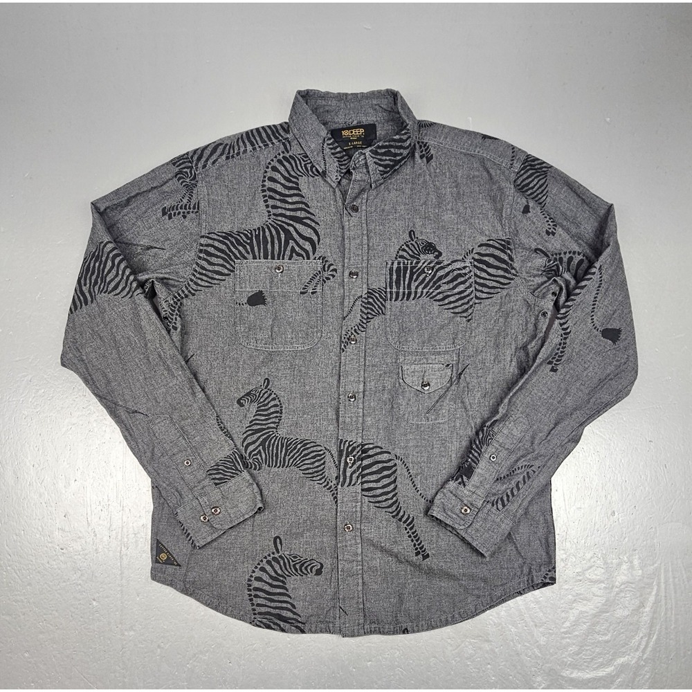 10.Deep Button Down Shirt Mens XL Gray AOP Zebras Safari Casual Long Sleeve